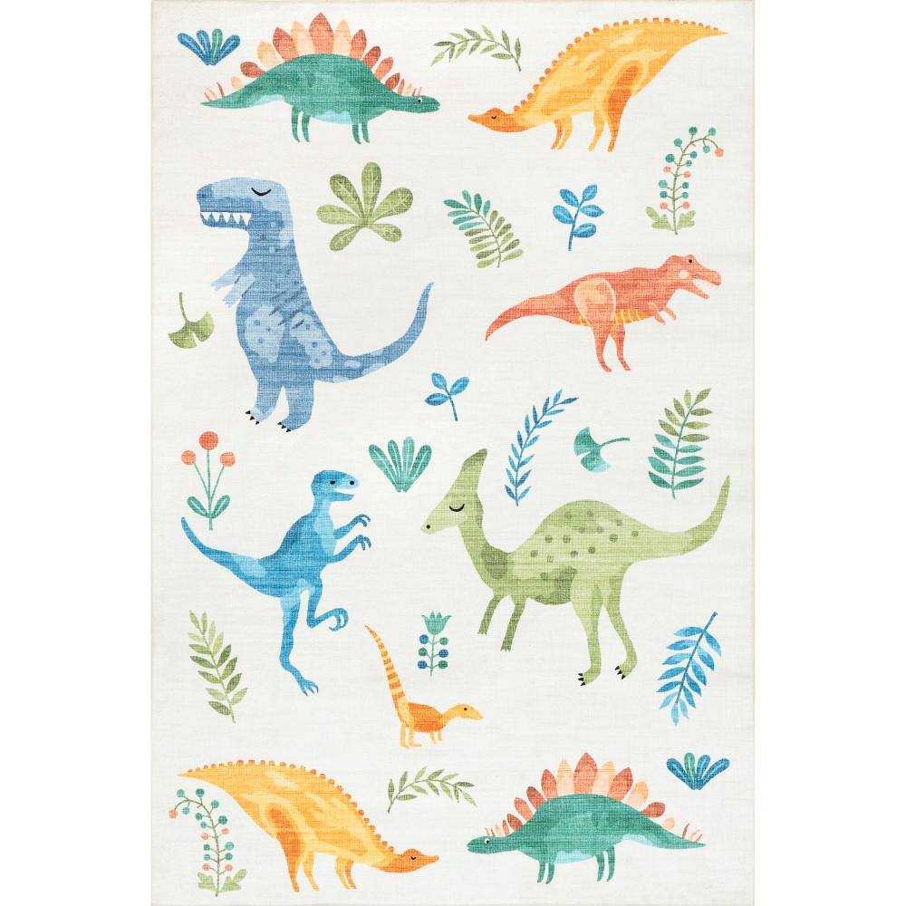 Eamon Dinosaur Graphic Multicolor Synthetic Kids Washable Area Rug