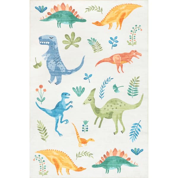 nuLOOM Eamon Dinosaur Machine Washable Kids White Multi Doormat 3 ft. x 5 ft. Accent Rug