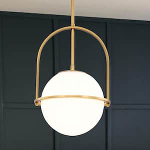 1-Light Antique Brass Sphere Shaded Pendant Light with Opal Glass Shade, No Bulbs Included