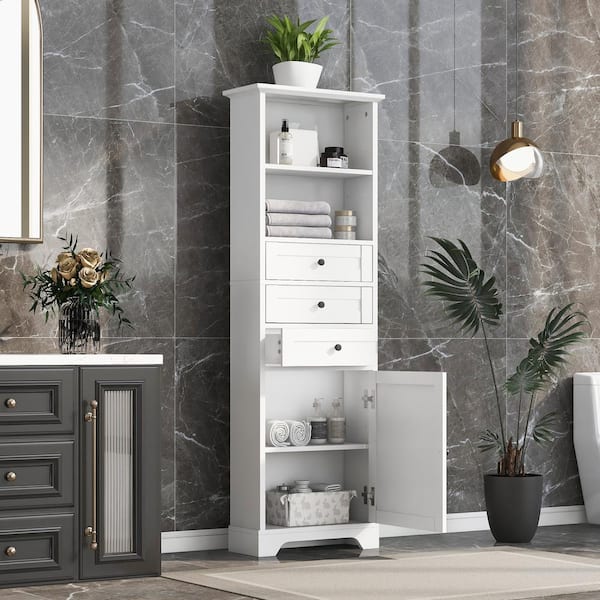 Tenleaf 22 in. W x 10 in. D x 68.30 in. H White MDF Freestanding Linen Cabinet with Door and Drawers, Adjustable Shelf