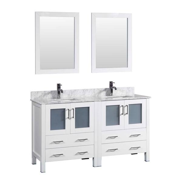 Bosconi 60 in. W Double Bath Vanity in White with Carrara Marble Vanity Top with White Basin and Mirror