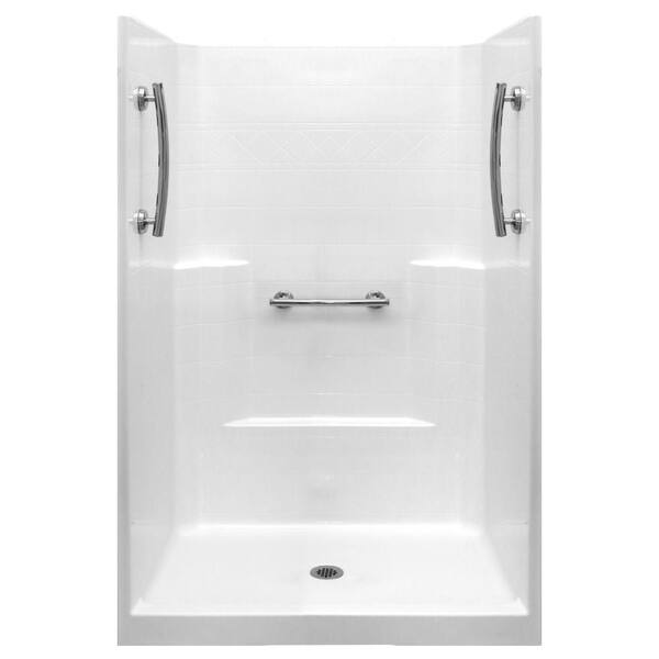 Ella Ultimate 42 in. x 42 in. x 80 in. 1-Piece Low Threshold Shower Stall in White with Chrome Grab Bars and Center Drain