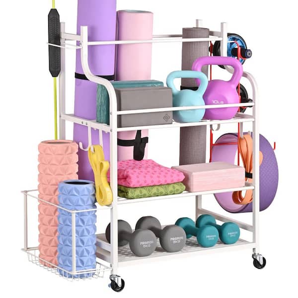 5-Tiers Yoga Mat Holder Wall Mount, Metal Storage Rack for Yoga Mat/Wheels,  Foam Roller and Block etcs, Wall Rack Organizer with 3-Hooks for Hanging