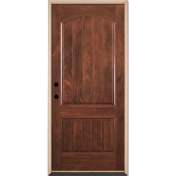 Feather River Doors 37.5 in. x 81.625 in. 2-Panel Plank Chocolate Mahogany Stained Right-Hand Inswing Fiberglass Prehung Front Door