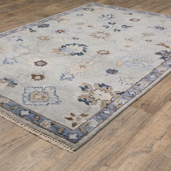 Majestic Blue 9 ft. x 12 ft. Classic Floral Hand-Knotted Wool Fringed-Edge Indoor Area Rug