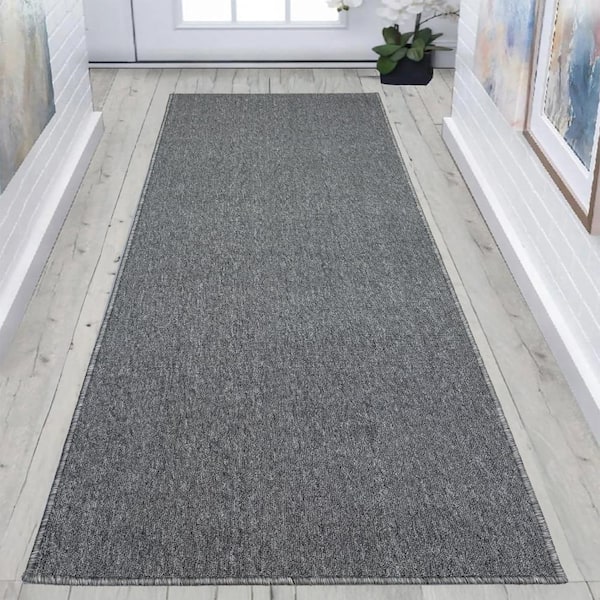Rubber Collection Solid Grey 26 in. Width x Your Choice Length Custom Size Runner Rug