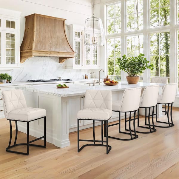Beige Fabric Bar Stool Metal Frame Upholstered Seat Bar Chair with Backrest Rivet (Set of 6)