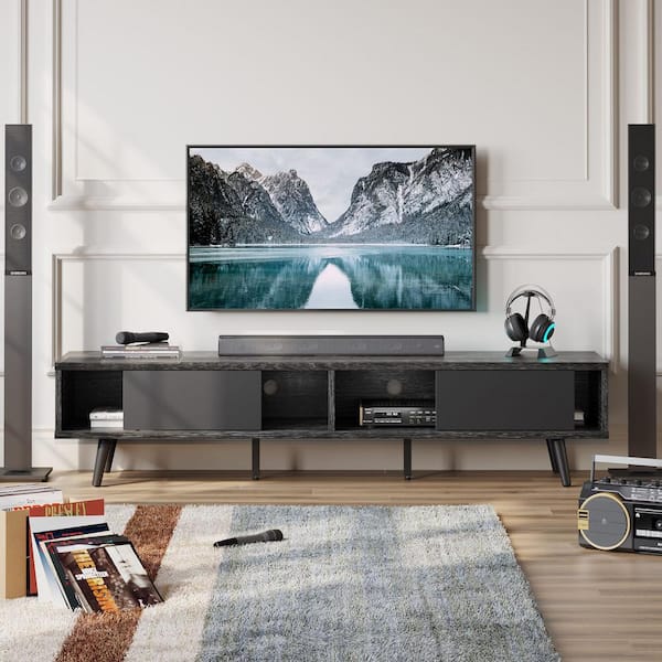 Bestier 70 in. Mid-century TV Stand Fits TV up to 75 in with Sliding Door and Open Shelves Black