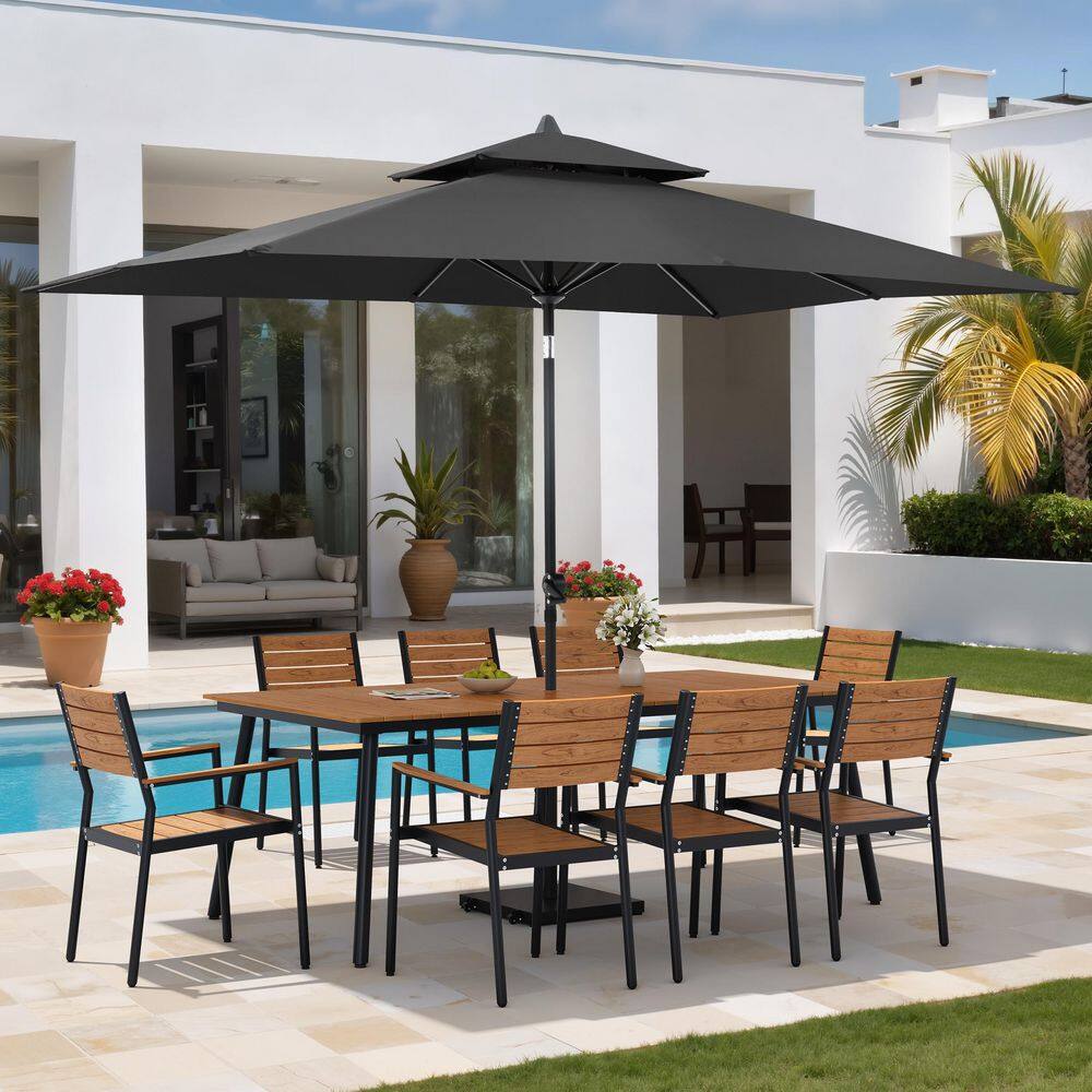 11-Piece Brown Aluminum Outdoor Dining Set with Stackable Armchairs, Black Market Patio Umbrella, Base with Wheels