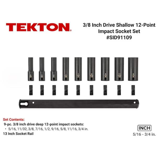 3/8 in. Drive Deep 12-Point Impact Socket Set, (9-Piece) (5/16-3/4 in.) - Rails