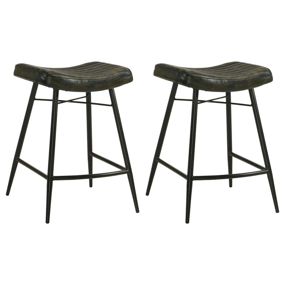 Bayu Dark Brown Leather Saddle Counter Stool with Metal Base