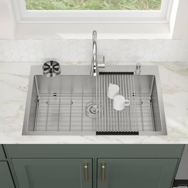 33 in. Drop-in/Topmount Single Bowl 16 Gauge Brushed Stainless Steel Kitchen Sink with Pull Down Faucet and Cup Washer