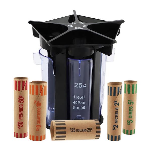 5-in-1 Coin Counter Sorter Tube and Organizer with Coin Wrappers Easy Accurate Change Roller Holder Durable