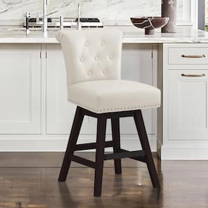 cozyman 26 in. Beige Linen Swivel Upholstered Barstool Solid Wood ...