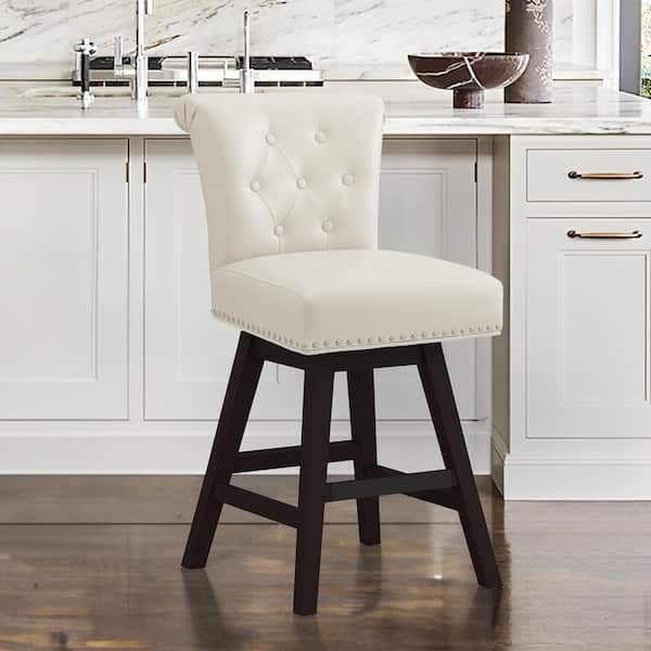 cozyman 26 in. White Faux Leather Swivel Upholstered Barstool Solid Wood Counter Stool with Nail Head Trim and Tufted Backrest