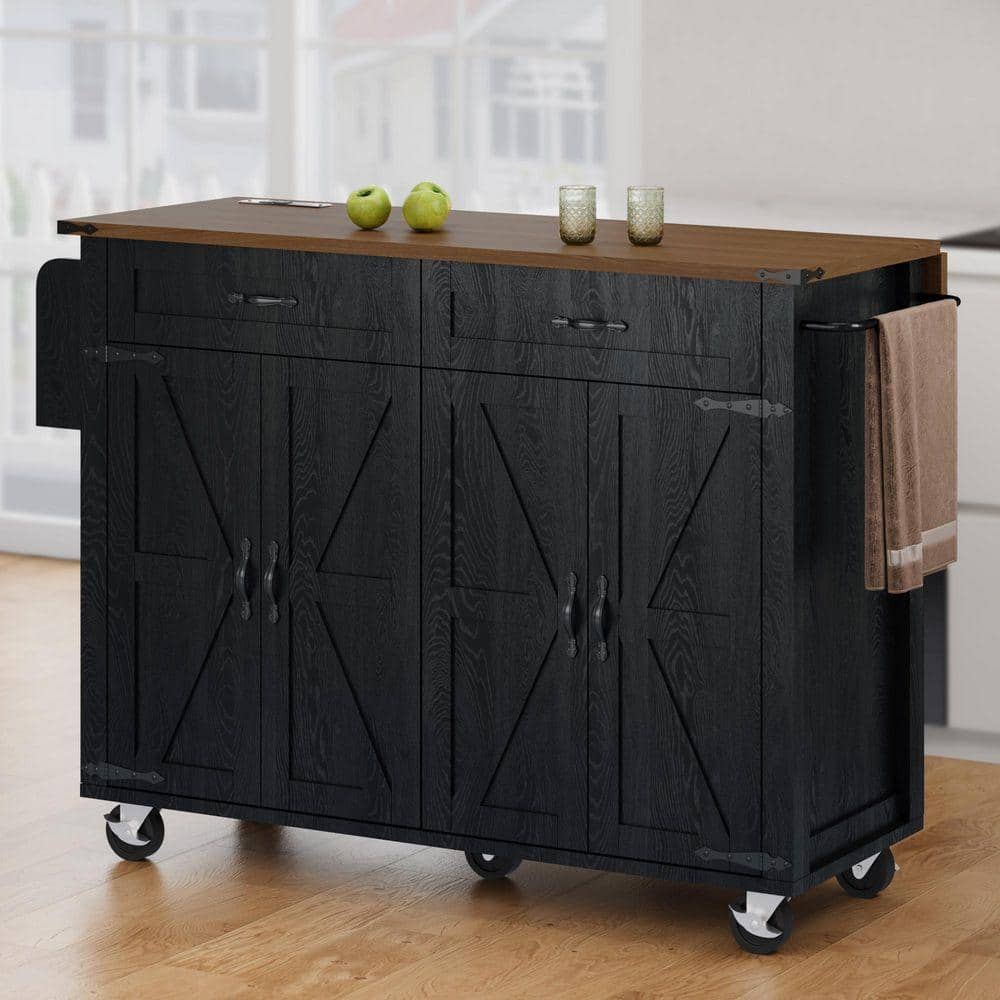 Farmhouse Black Drop Leaf Solid Wood Tabletop 54 in. Rolling Kitchen Island with Power Outlet, Spice Rack and Drawer