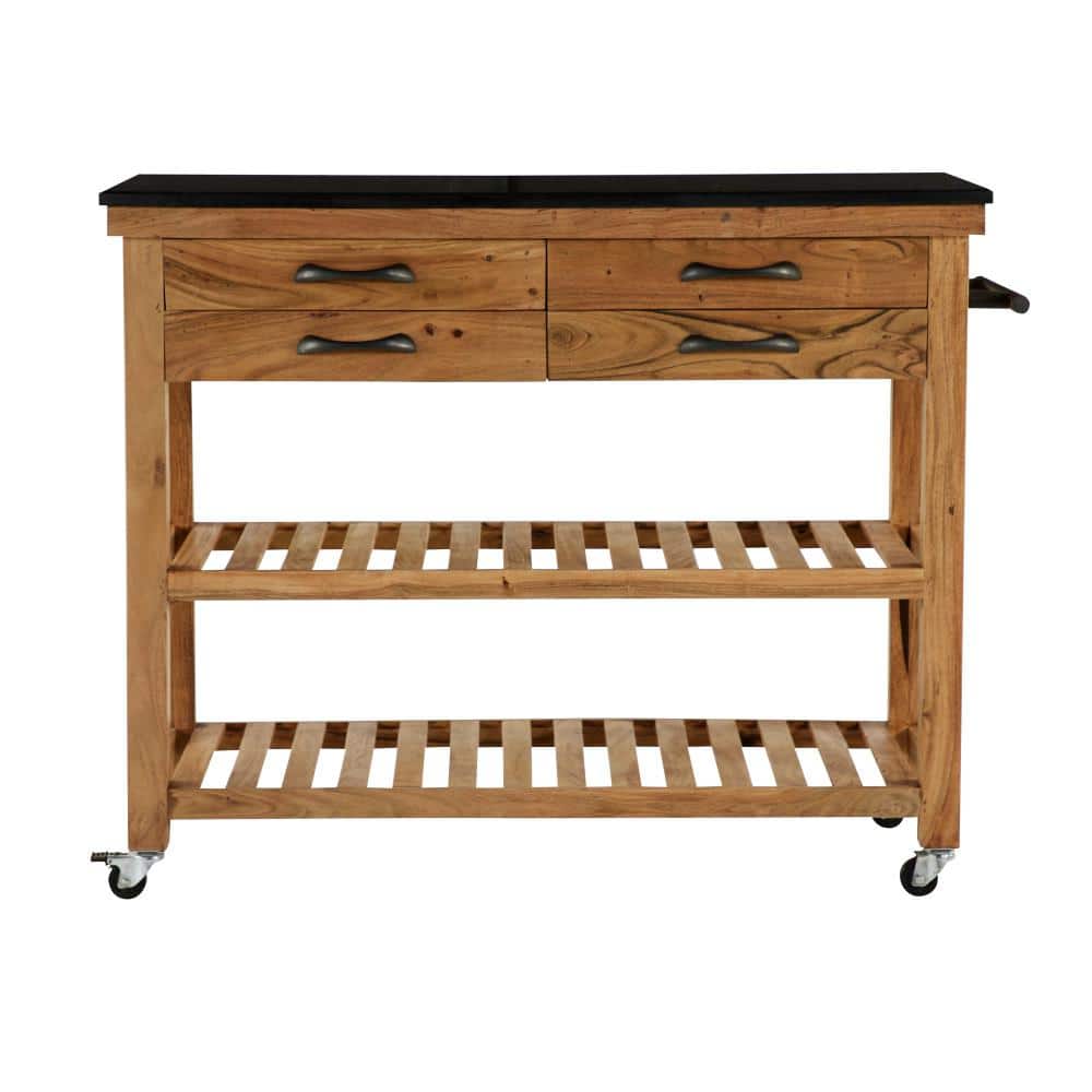 Brown Wood Kitchen Cart with Marble Top and Storage