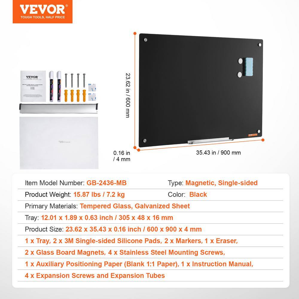 Black Frameless Magnetic Glass Whiteboard 36" x 24"