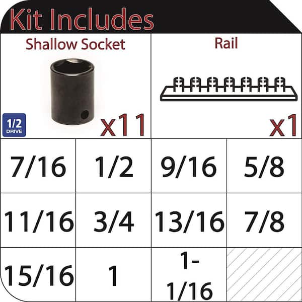 1/2 in. Drive Standard SAE 6-Point Impact Socket Set (11-Piece)