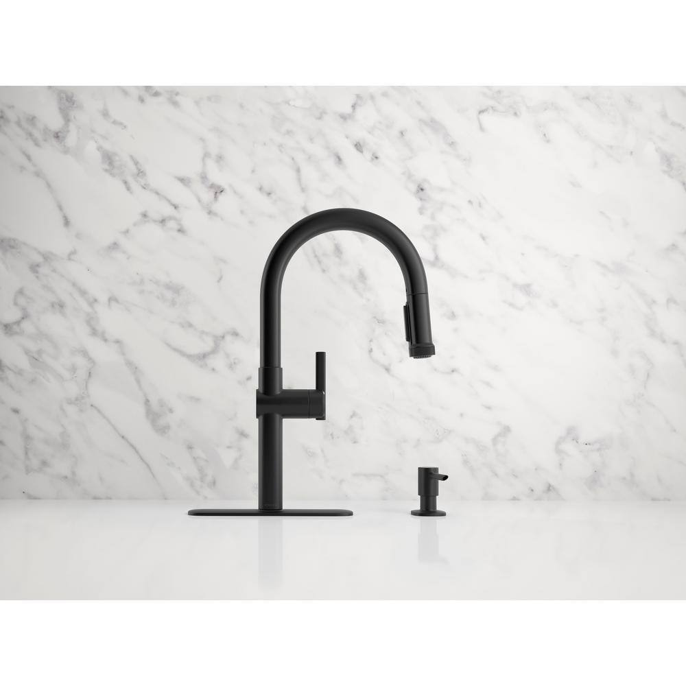 Matte Black Single Handle Pull-Down Kitchen Faucet with Soap Dispenser