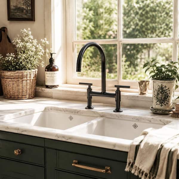 Double-Handle Bridge Kitchen Faucet with 360° Swivel Spout and Solid Brass Construction in Matte Black