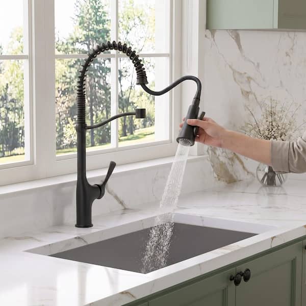 23.8 in. Single Handle Spring 360° Swivel Pull Down Sprayer Kitchen Faucet with Spray Wand in Matte Black