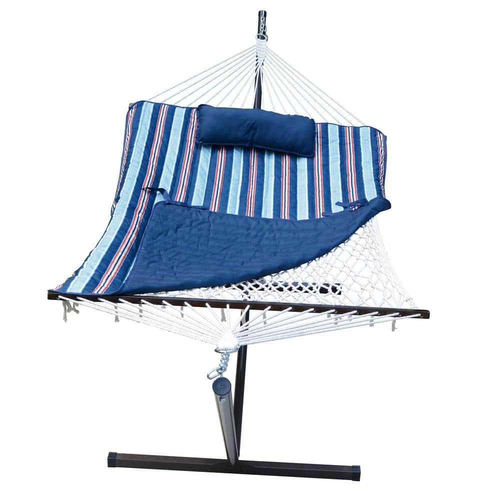 Blue and Red Cotton Rope Hammock with Stand, Pad, and Pillow