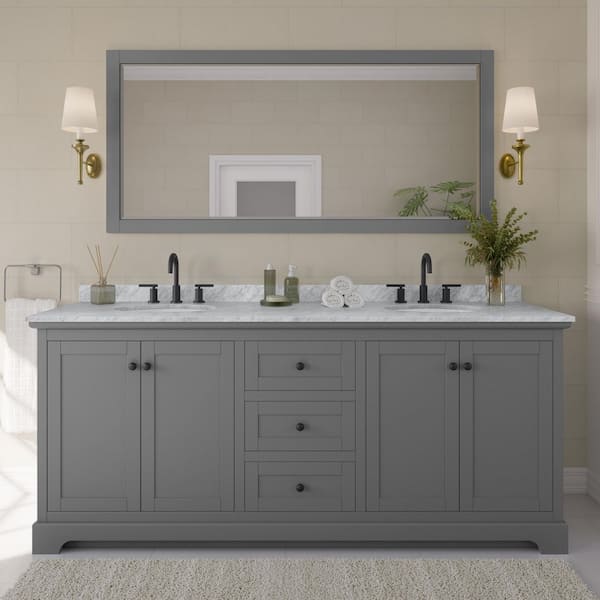 Wyndham Collection Avery 80 in. W x 22 in. D x 35 in. H Double Bath Vanity in Dark Gray with White Carrara Marble Top