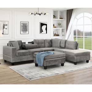 105 in. Square Arm 3-Piece Velvet L-Shaped Sectional Sofa in Gray with Convertible