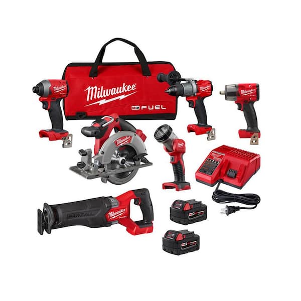 Milwaukee M18 Fuel 18V Lithium-Ion Brushless Cordless Combo Kit (5-Tool) with Brushless Mid Torque 1/2 in. Impact Wrench