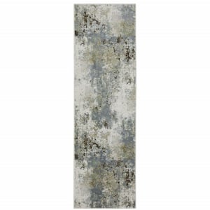 2' X 8' Blue Grey Green And Beige Abstract Power Loom Stain Resistant Runner Rug
