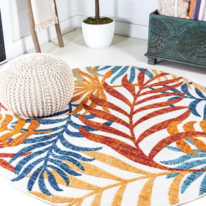 Tropics Palm Leaves Cream/Orange 5 ft. Round Indoor/Outdoor Area Rug