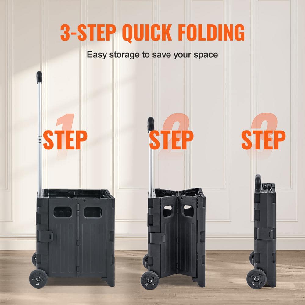 Black Polypropylene Folding Portable Rolling Handcart with Telescoping Handle