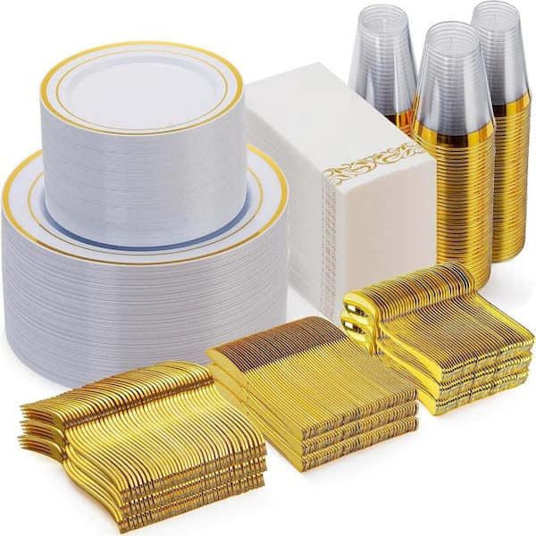 700-Piece, Gold Rim Elegant Plastic Disposable Dinnerware Set for Party, Party Tableware for 100 Guests