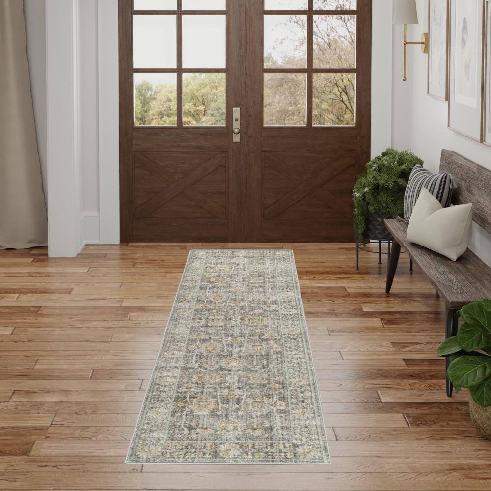 Vintage Gray Synthetic Persian Runner Rug with Fringe Edges