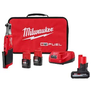 M12 FUEL 12V Lithium-Ion Brushless High Speed 3/8 in. Cordless Ratchet Kit w/(2) Batteries, Charger & 5.0 Ah Battery