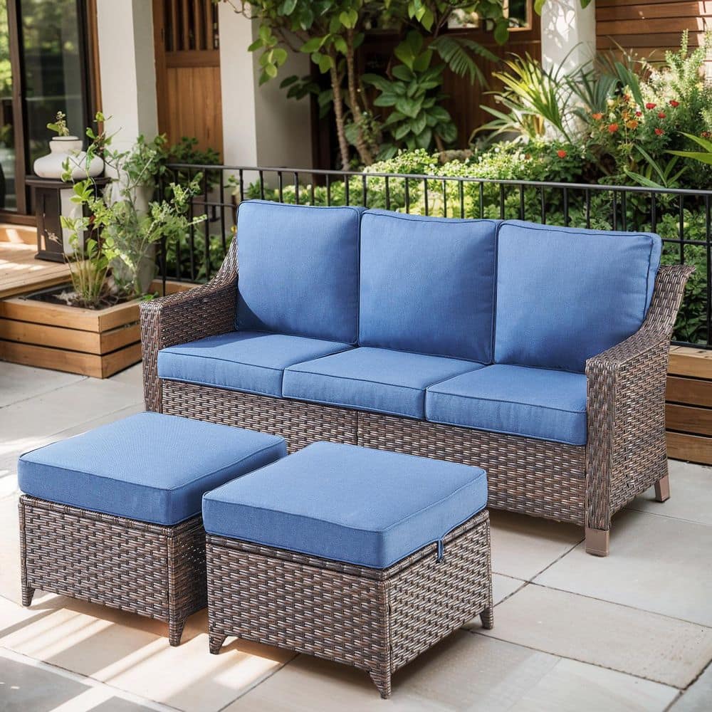 SlideArm 3-Piece Brown Wicker Outdoor 3-Seat Sectional Couch Sofa with Navy Blue Cushions and Ottomans price history on PriceWatchPro
