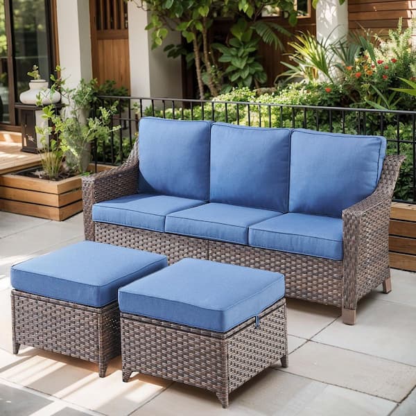 Opohoro SlideArm 3-Piece Brown Wicker Outdoor 3-Seat Sectional Couch Sofa with Navy Blue Cushions and Ottomans