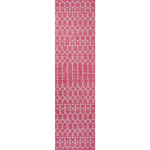 Ourika Moroccan Fuchsia/Light Gray 2 ft. x 10 ft. Geometric Textured Weave Indoor/Outdoor Area Rug
