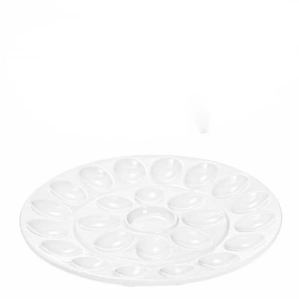 12.6 in Porcelain Deviled Egg Serving Platter with 25 Compartments and Center Sauce Well, White Set of 2