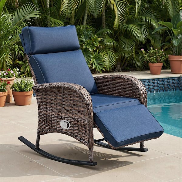 Luna 1-Piece Brown Wicker Outdoor Adjustable Rocker Recliner Chair with Navy Blue Cushions