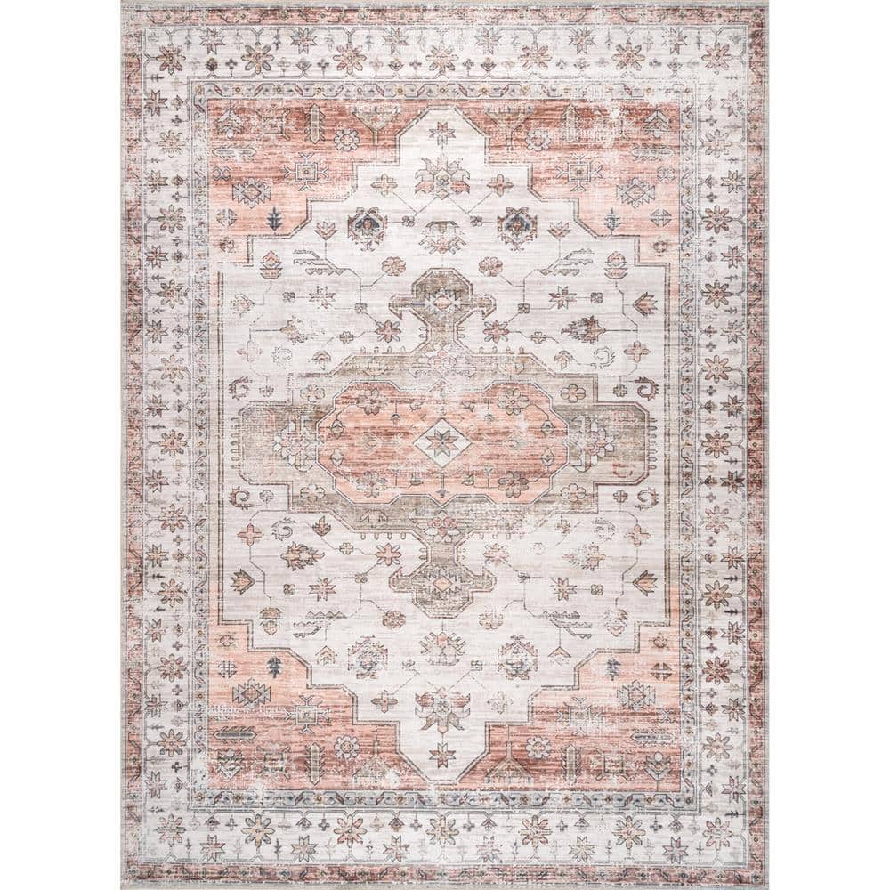 Beige and Coral Persian Style Machine Washable Area Rug