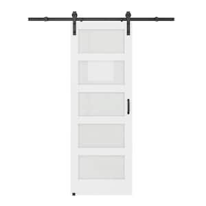 30 in. x 84 in. 5-Equal Lites with Frosted Glass White MDF Interior Sliding Barn Door with Hardware Kit
