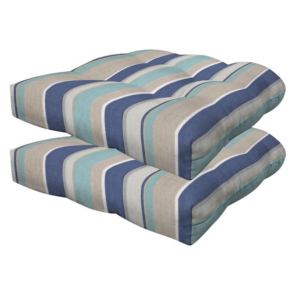 Honeycomb Outdoor Tufted Dining Seat Cushion Stripe Blue and Beige (Set of 2)