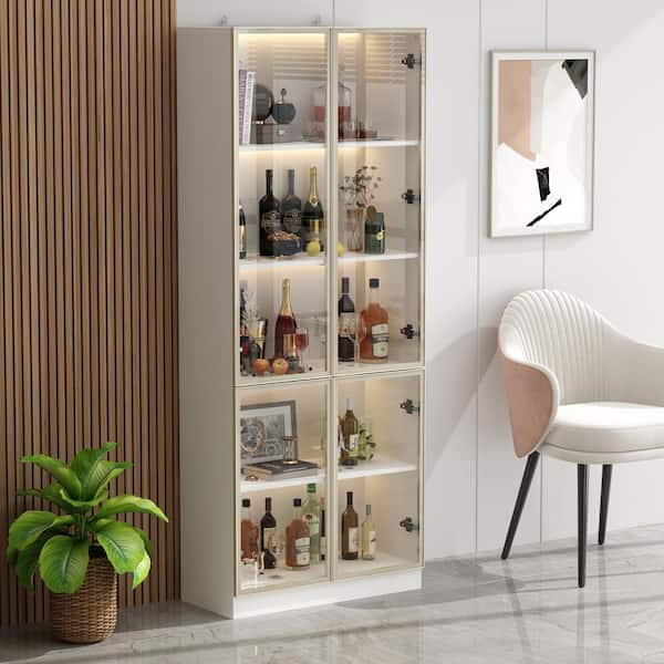White Wood 31.5 in. W Display Cabinet With Pop-up Tempered Glass Doors and 3-Color LED Lights