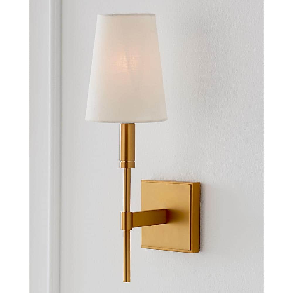 Burnished Brass Wall Sconce with White Linen Shade
