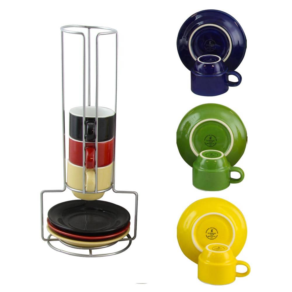 Multicolor Ceramic Espresso Cup and Saucer Set with Metal Rack