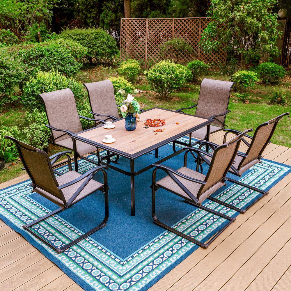 PHI VILLA Black 7-Piece Metal Patio Outdoor Dining Set with Wood-Look ...