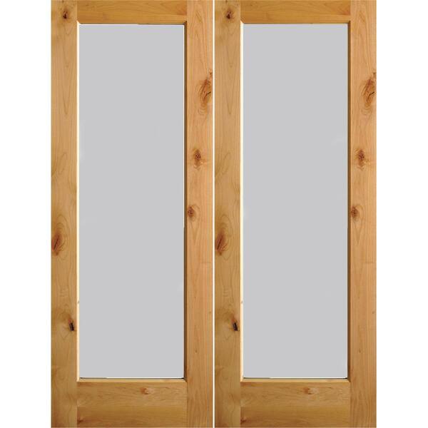 Krosswood Doors 64 in. x 96 in. Rustic Knotty Alder Full-Lite Satin Etch Clear Stain Wood Left Active Inswing Double Prehung Front Door
