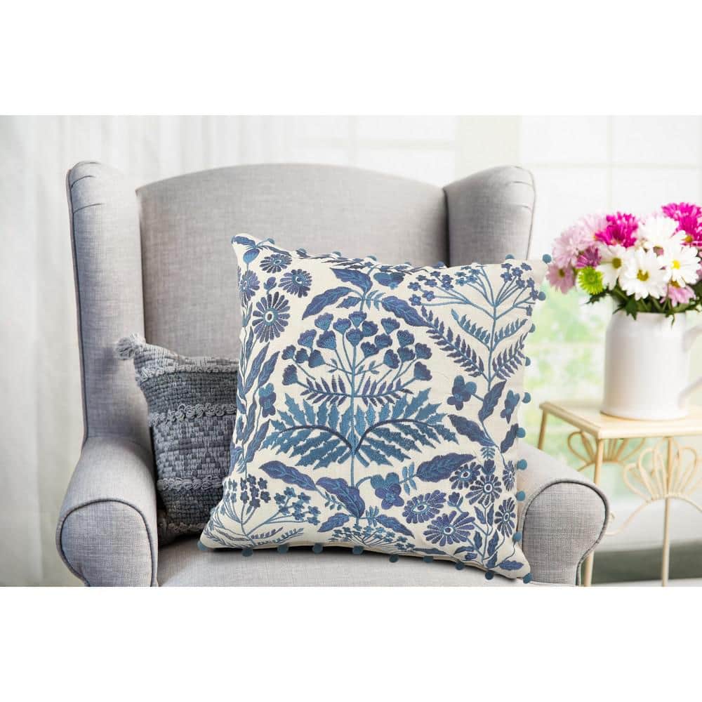 Navy and Off-White Bohemian Floral Square Throw Pillow